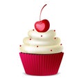 Sweet cupcake with white icing and ripe cherry berry on a white background. Vector Royalty Free Stock Photo